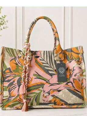 Vince Camuto Orla Tote Bag Floral Canvas Pink Orange Green Large Structured NWT
